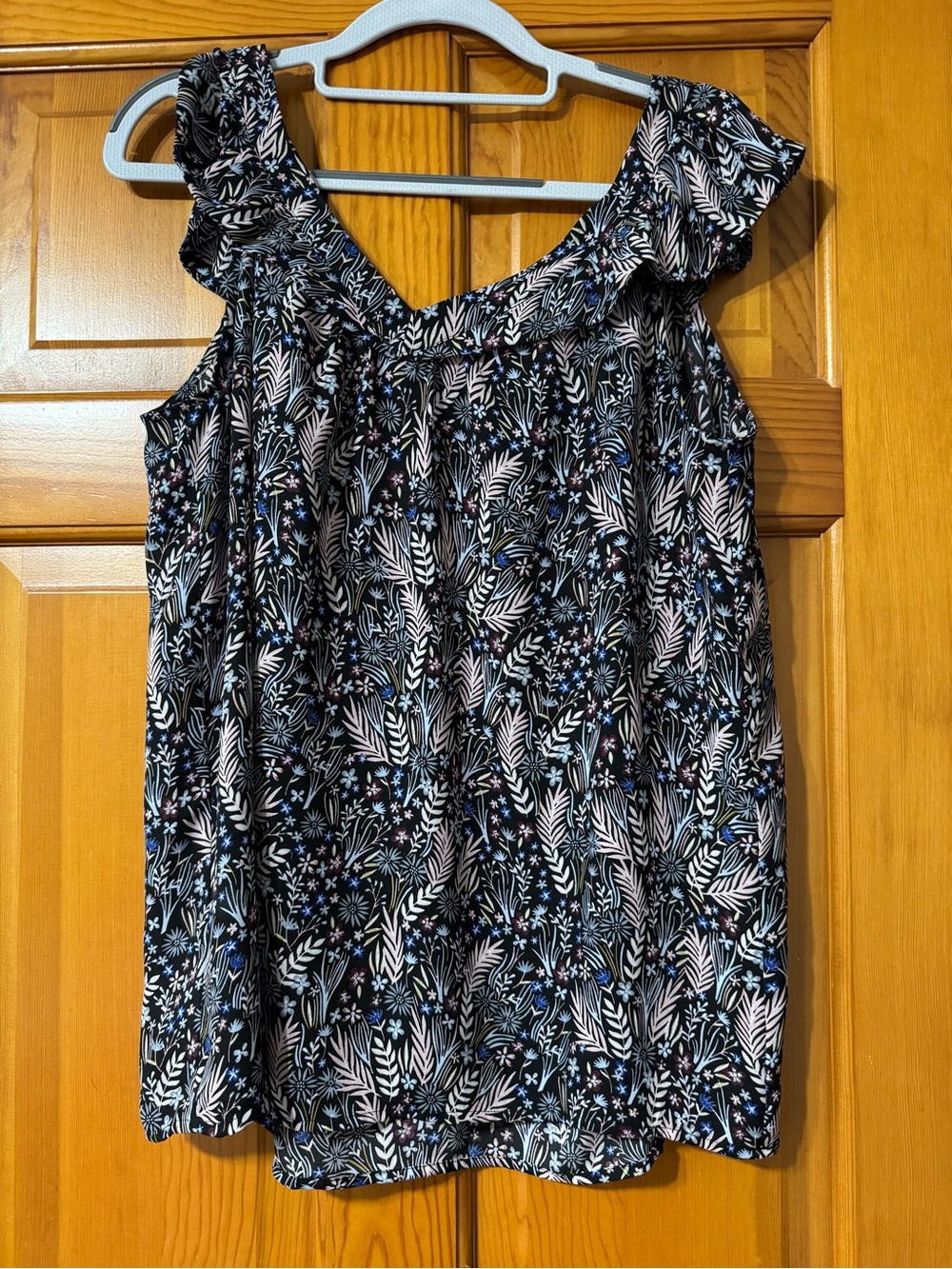 LOFT Black Floral Ruffle Neck Sleeveless Blouse